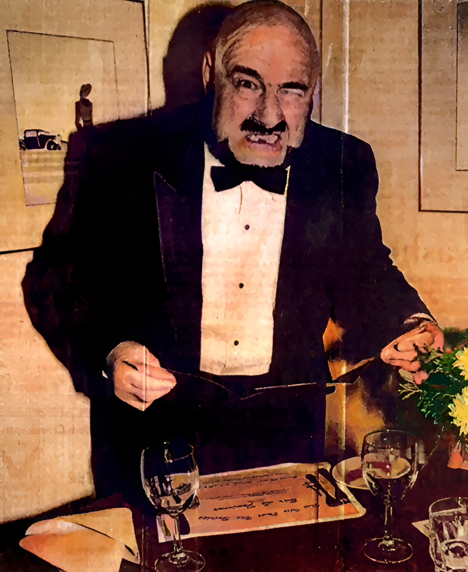 Dressed in a tuxedo, professional wrestler Maurice “Mad Dog” Vachon examines the menu of a Quebec City restaurant during taping of TV show on which he’s a food critic.